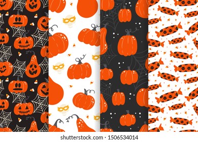 Vector set of Halloween seamless pattern with pumpkin, candys, spider wed, skull in mask. Hand drawn pattern for Halloween design Perfect for decoration, wrapping papers, greeting cards, background