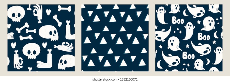 Vector set of Halloween seamless pattern with ghost, stars, moon, skull and bones.   Perfect for decoration, wrapping papers, greeting cards, web page background