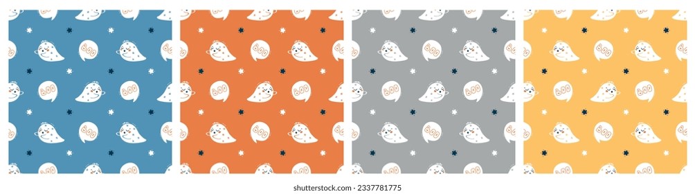 Vector Set of Halloween Seamless Patterns. Cute Kawaii halloween Ghosts with Speech Bubble and Stars. Fun Wallpaper for Kids