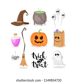 Vector set of Halloween signs isolated on white background. Witch hat, potion, broom, ghost, pumpkin etc