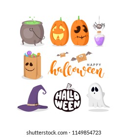 Vector set of Halloween signs: pumpkins, cauldron, ghost, potion, spider, witch hat etc. isolated on white background