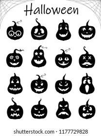 Vector set of halloween silhouette pumpkins with cute, happy, spooky, creepy and scary faces. Cartoon Autumn Illustration in flat style. Pumpkin Icons for web design, print, pattern, baner.