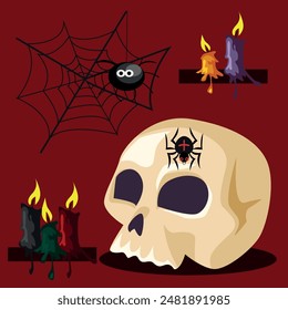 Vector set for Halloween. Skulls and candles with cobwebs.