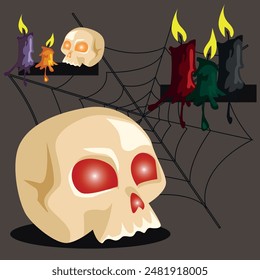 Vector set for Halloween. Skulls and candles with cobwebs.