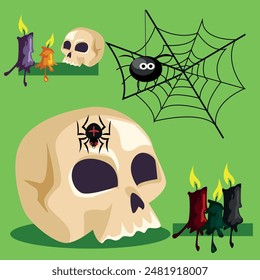 Vector set for Halloween. Skulls and candles with cobwebs.