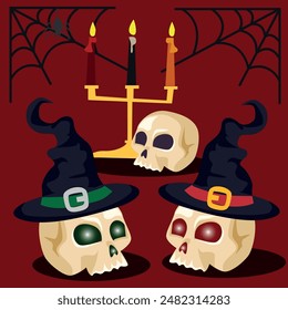 Vector set for Halloween. Skulls with glowing eye sockets. Symbols of the autumn holiday.