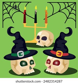 Vector set for Halloween. Skulls with glowing eye sockets. Symbols of the autumn holiday.