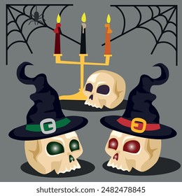 Vector set for Halloween. Skulls with glowing eye sockets. Symbols of the autumn holiday.