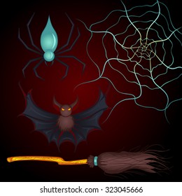 vector set for Halloween spider, bat, broom