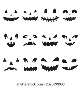 Vector set of Halloween spooky pumpkin faces with black eyes and smile, scary jack o lantern. Isolated on white background.