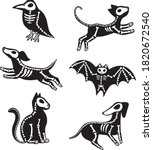 Vector set of Halloween stickers. Animals skeletons, isolated on white background. Dog, cat, raven, bat