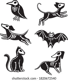 Vector set of Halloween stickers. Animals skeletons, isolated on white background. Dog, cat, raven, bat