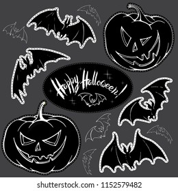 Vector set of Halloween stickers in black and white design. Pumpkins Jack-o`-lantern, bats and words "Happy Halloween!"