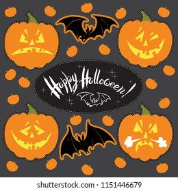Vector set of Halloween stickers in cartoon style. Pumpkins, Jack-o`-lantern, bats, words "Happy Halloween!"