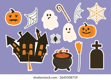 Vector set of Halloween stickers including pumpkins, ghosts, spiderweb, haunted house, spider, magic cauldron, broom, tombstone, and candy cane. Cute spooky design for kids and party decor.