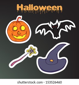 Vector set of Halloween stickers with pumpkin, bat, magic wand and witch hat.