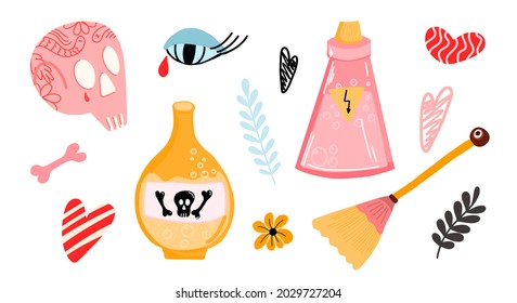 Vector set of Halloween stickers with a skull, poisonous drinks, a witch's broom in a flat style. A set for posters, gifts, postcards, clothes, holiday decor