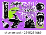 Vector set of Halloween symbols in halftone mixed media collage stickers style. Dotted illustration with witch, coffine, vampire mouth, castle and potion. Vintage 90s zine Paper pieces collection.