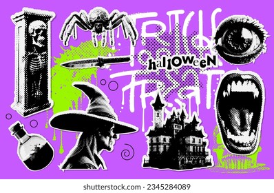 Vector set of Halloween symbols in halftone mixed media collage stickers style. Dotted illustration with witch, coffine, vampire mouth, castle and potion. Vintage 90s zine Paper pieces collection.