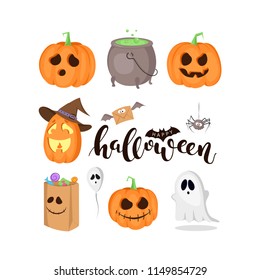 Vector Set of Halloween symbols isolated on white background. Cauldron, ghost, pumpkin, spider etc