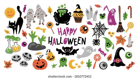 Vector set with Halloween symbols and lettering. Happy Halloween. Hand drawing style illustration isolated on white background.