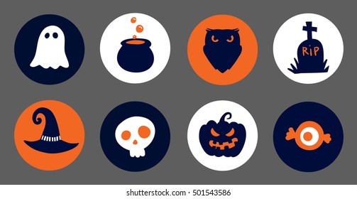 Vector set of Halloween symbols - pumpkin, cauldron, grave, skull, etc. Hand drawn minimalistic icons.