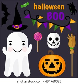 vector set halloween theme. includes Ghost, pumpkin, candy, broom, candy, bat, spider