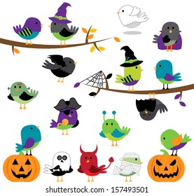 Vector Set of Halloween Themed Cartoon Birds