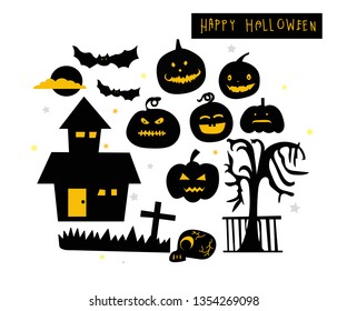 Vector set of Halloween Trick or treat with pumpkins, hunter house, scary tree, skull, cross sign, full moon, bat. Isolated on white illustration for sticker, icon, background, invitation card