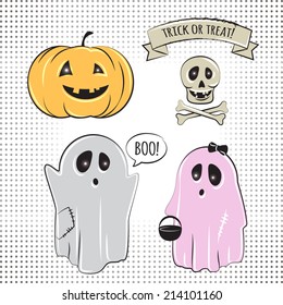 Vector set for Halloween with two ghost children, cute pumpkin and skull with bones