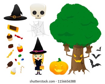 Vector set for Halloween in vibrant colorful cartoon style. Illustration of a girl and icons on white background. Kid in costume, monster tree, spiderweb and other traditional elements of Halloween.