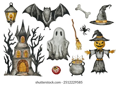 Conjunto de Vector de Elementos de acuarela de Halloween fantasma, castillo, murciélago y escoba, colección dibujada a mano