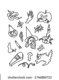 El vector estableció halloween. Ilustraciones de dibujos animados por la línea negra dibujada a mano del doodle. Calabaza temerosa, poción, signos místicos, murciélago, mano mago, manzana podrida. Diseño para invitaciones, web, paquetes, medios sociales.