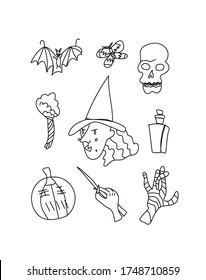 Vector set halloween.Clip art illustrations by the black line doodle hand drawn.Scary pumpkin,mystical signs, bat,wizard hand with wand.Design for invitations,web,packings,social media.