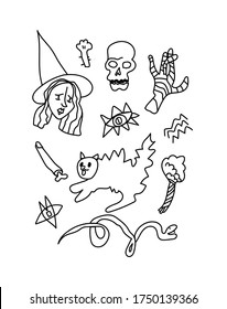 El vector estableció halloween. Ilustraciones de dibujos animados por la línea negra dibujada a mano del doodle. Calavera asustada, bruja, signos místicos, hierbas,с at,mano mami,piton.Diseño para invitaciones, web, paquetes, medios sociales, tarjeta.