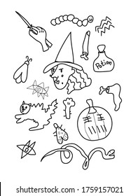 Vector set halloween.Clip art illustrations by the black line doodle hand drawn.Scary cat,witch,strange signs,insects,chopped finger and leg.Design for invitations,web.