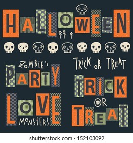 Vector set of halloween's stickers. Cartoon skulls. Halloween elements for scrap-booking. Hand drawn vector illustration. Trick or treat. 