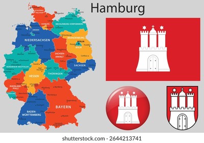 Vector set of Hamburg including the official flag, coat of arms, and updated map. Part of the complete German flag and emblem collection.