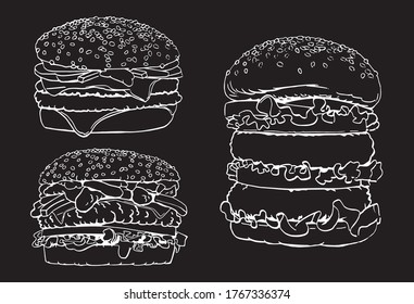 Conjunto vectorial de hamburguesas aisladas en fondo negro, dibujo con grabado para carteles, impresión. Ilustración gráfica	