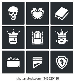 Vector Set of Hamlet tragedy Icons. Death, Love, Piece, Kingdom, Throne, Princess, Treasure, Sentinel. Skull, Heart, Book, King, Queen, Heritage, Guillotine, Shield