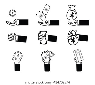 Vector set of hand with coin, money and credit card for Business