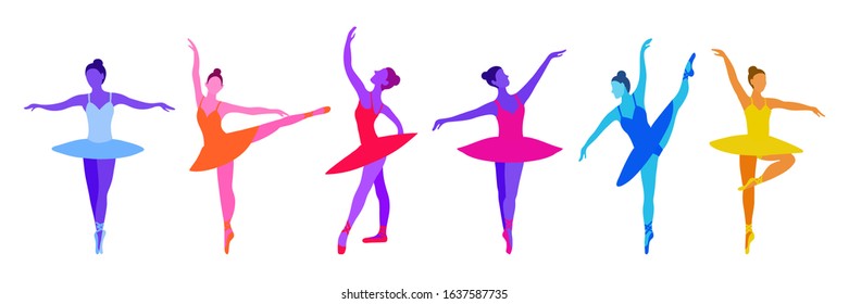 Vector set of hand draw ballerinas in trendy colors on a white background. Purple, blue and pink neon colors of dancers isolated. Print and design for poster, poster, postcard.