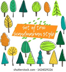 Vector set hand draw set of differend trees in scandinavian style. Collection of colorful forest illustration in cartoons style. Doodle of autums wood and fur-tree