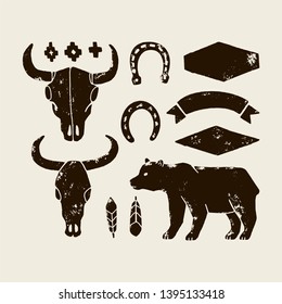 Vector set of hand draw elements of the wild West on a white background. Cowboy Western icons in monochrome. Design elements for logo, label, emblem, sign, badge. Bull skull, horseshoe, feather, bear.