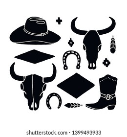 Vector set of hand draw elements of the wild West. Cowboy Western icons in monochrome. Design elements for logo, label, emblem, sign, badge. Cowboy hat, boots, cow skull, horseshoe, feather