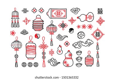 Vector set with hand draw elements in Chinese style. Black and red icons for design elements. Lucky coins, lanterns, lucky knots, traditional chinese gold ingots, calabash.