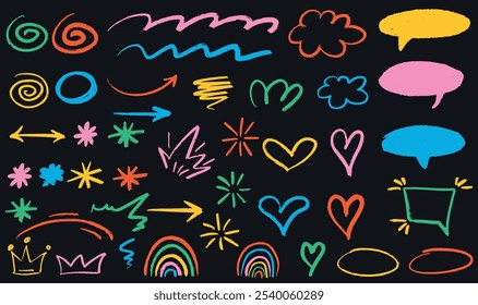 Vector Set of Hand Draw Elements. Colorful Doodle Expression Shapes, Scratch, Expressive Graphic Effects for Design
