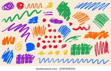 Conjunto vetorial de elementos de desenho à mão. Formas de expressão de doodle colorido, arranhões, manchas, texturas, efeitos gráficos expressivos para design - parte 1