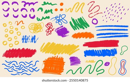 Vector Set van Hand Teken Elementen. Kleurrijke Doodle Expressie Vormen, Krassen, Uitstrijkjes, Texturen, Expressieve Grafische Effecten voor Ontwerp - deel 2