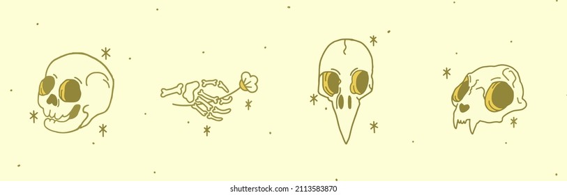 vector set. Hand draw graphics. Line work . Human skull and animal skulls - bird and cat. Skeleton hand with a flower. creepy style